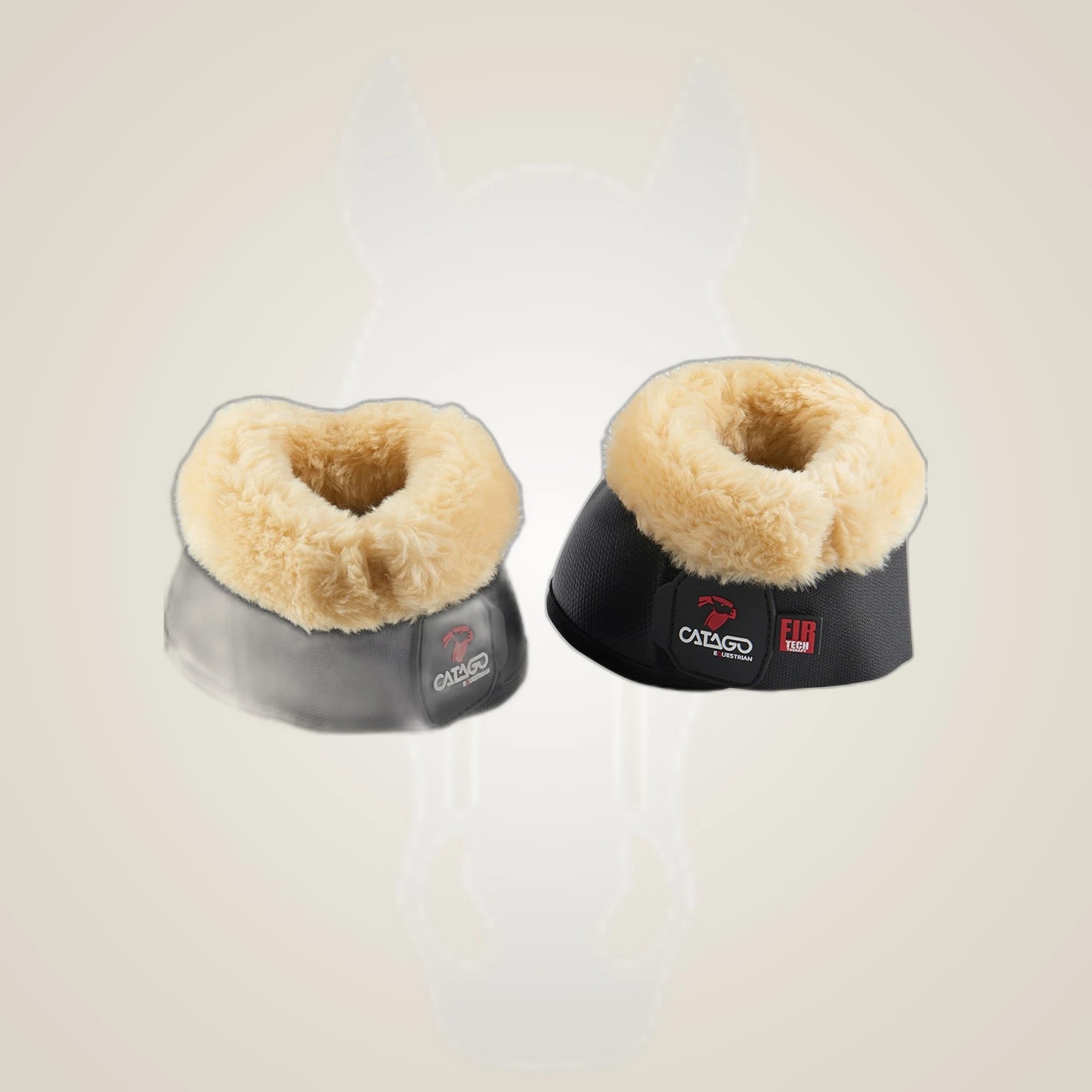 Catago FIR-Tech Bell Boots with Faux Fur on One-Eyed Equine branded background