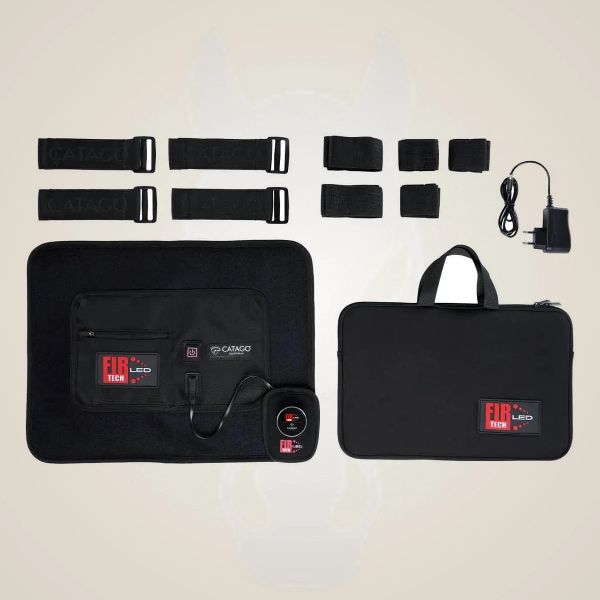 Catago FIR-Tech LED Therapy Pad Q27 with its straps, charger and carry bag.