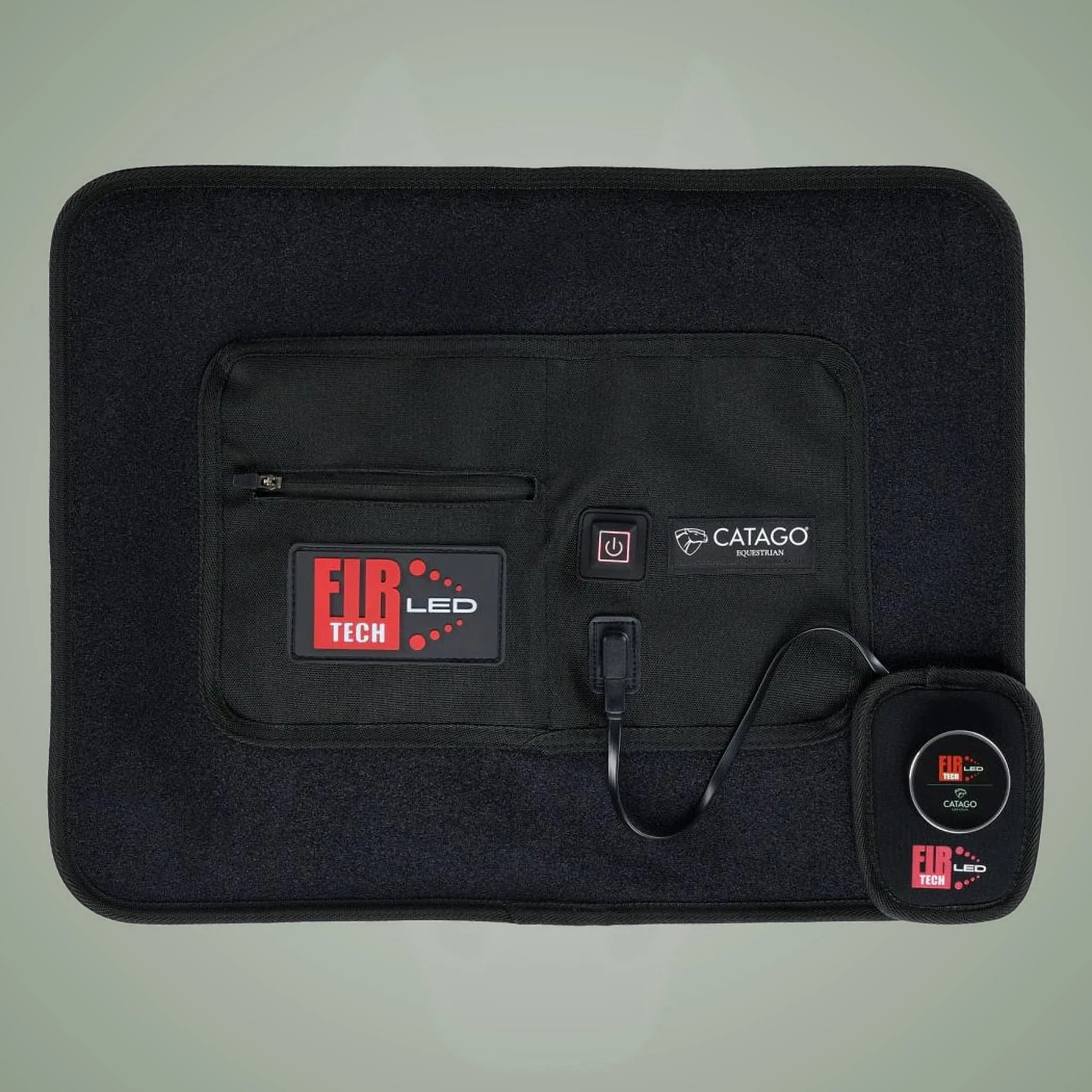 Catago FIR-Tech LED Therapy Pad Q27, black pad with the control unit attached.
