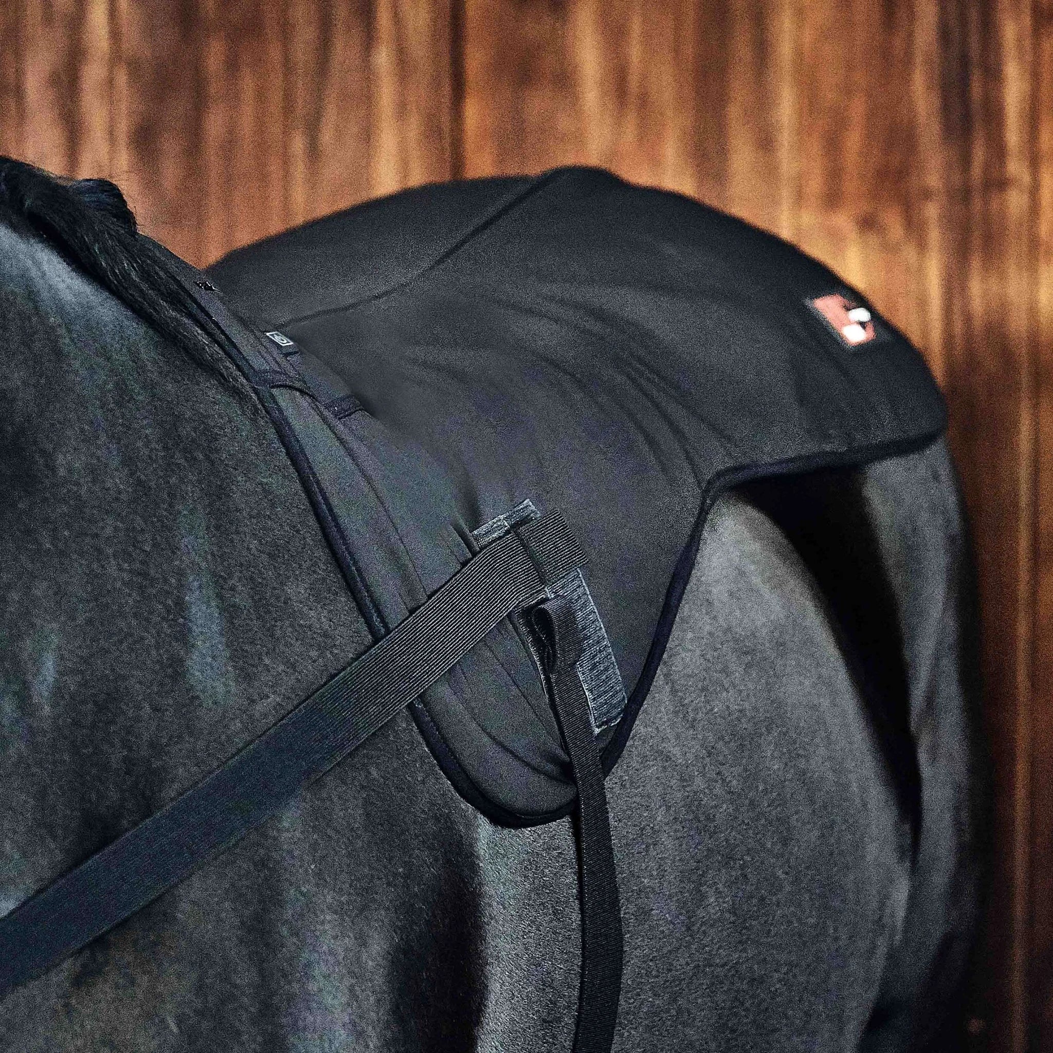 Catago FIR-Tech Pro infrared blanket fitted over a dark horse's back and shoulder.
