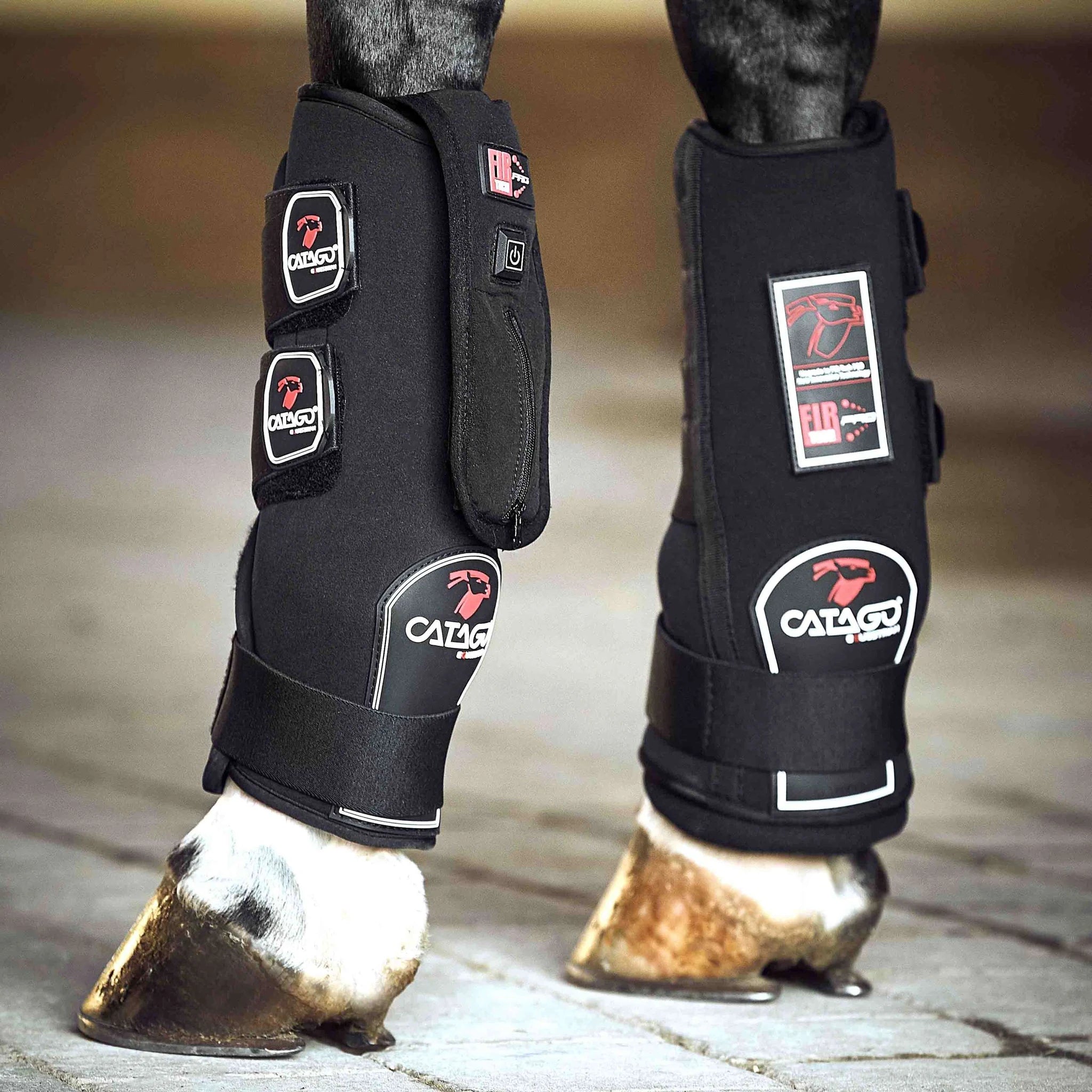 Catago FIR-Tech Pro tendon pads fitted inside stable boots on a horse's forelegs.