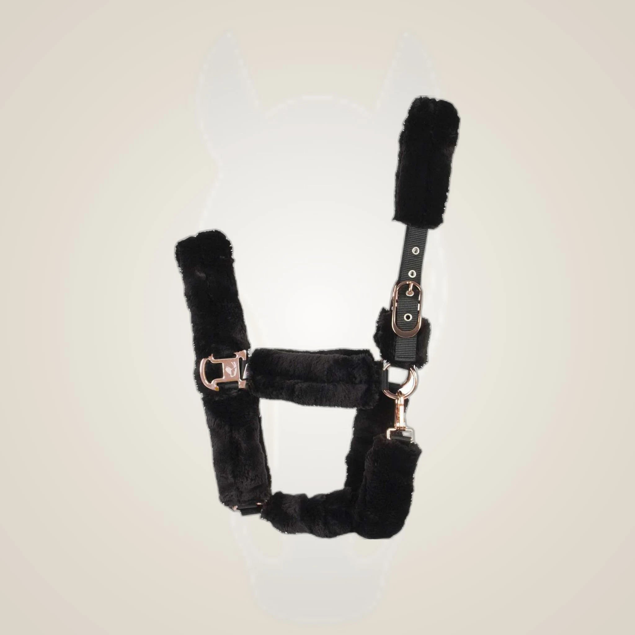 Catago Imitation Sheepskin Halter on One-Eyed Equine branded background