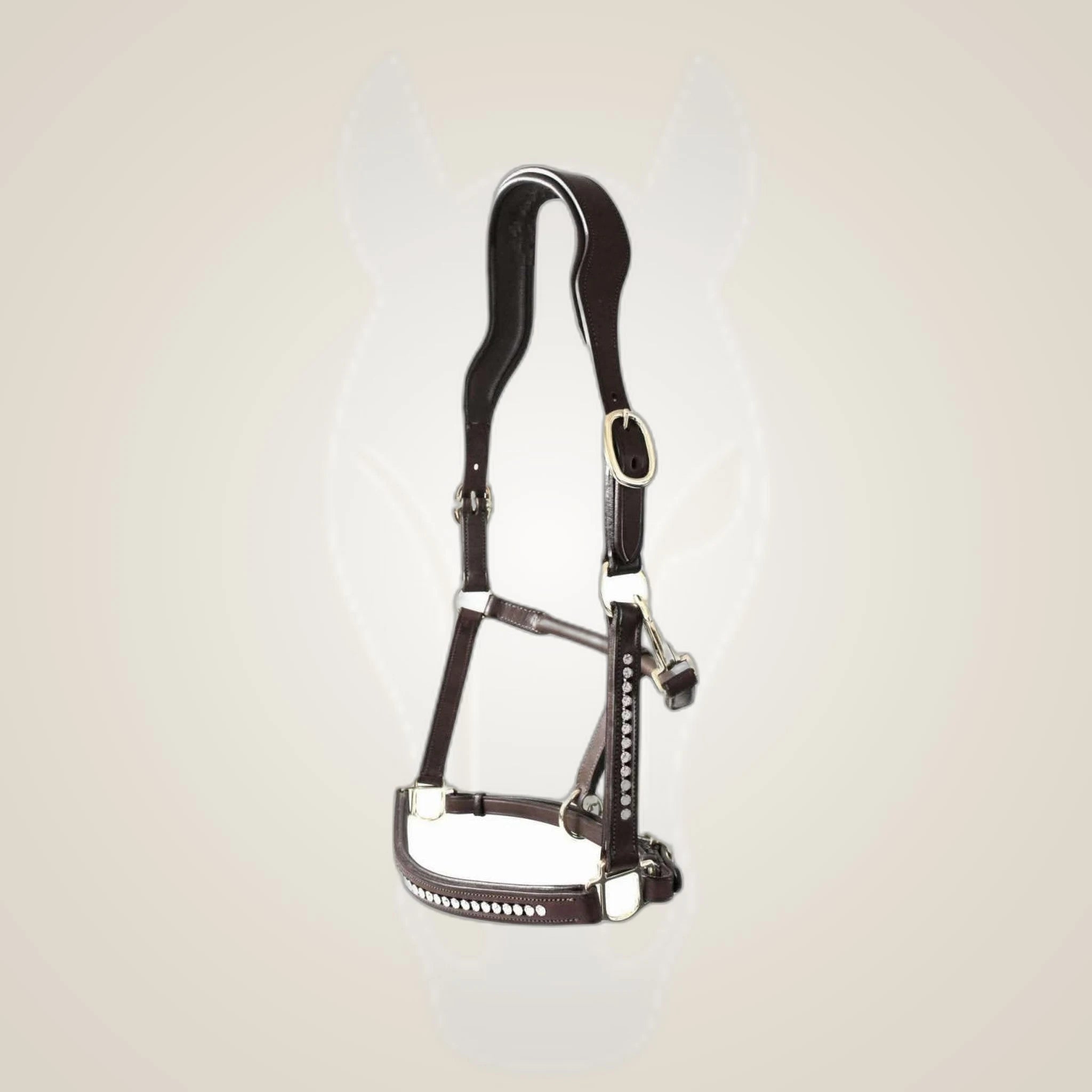 Hilbar Crown Diamond Leather Halter on One-Eyed Equine branded background