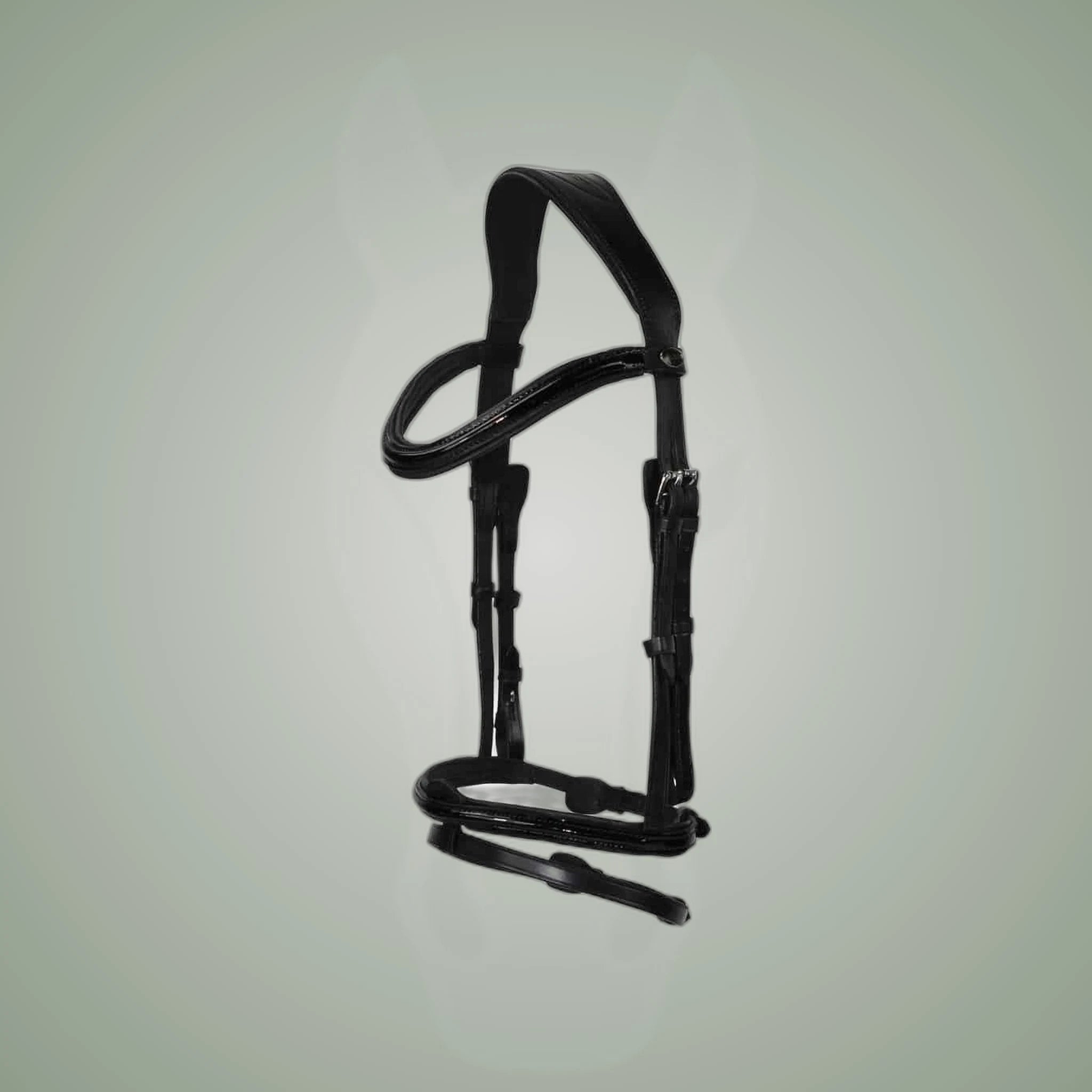 Hilbar Royal Exklusiv Bridle - Glossy Black on One-Eyed Equine branded background