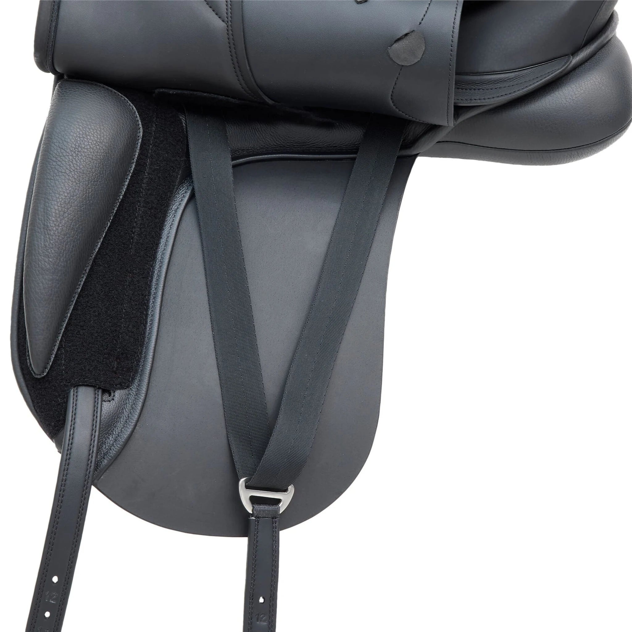 Kieffer Passion Four dressage saddle in black with stirrup leathers fitted.
