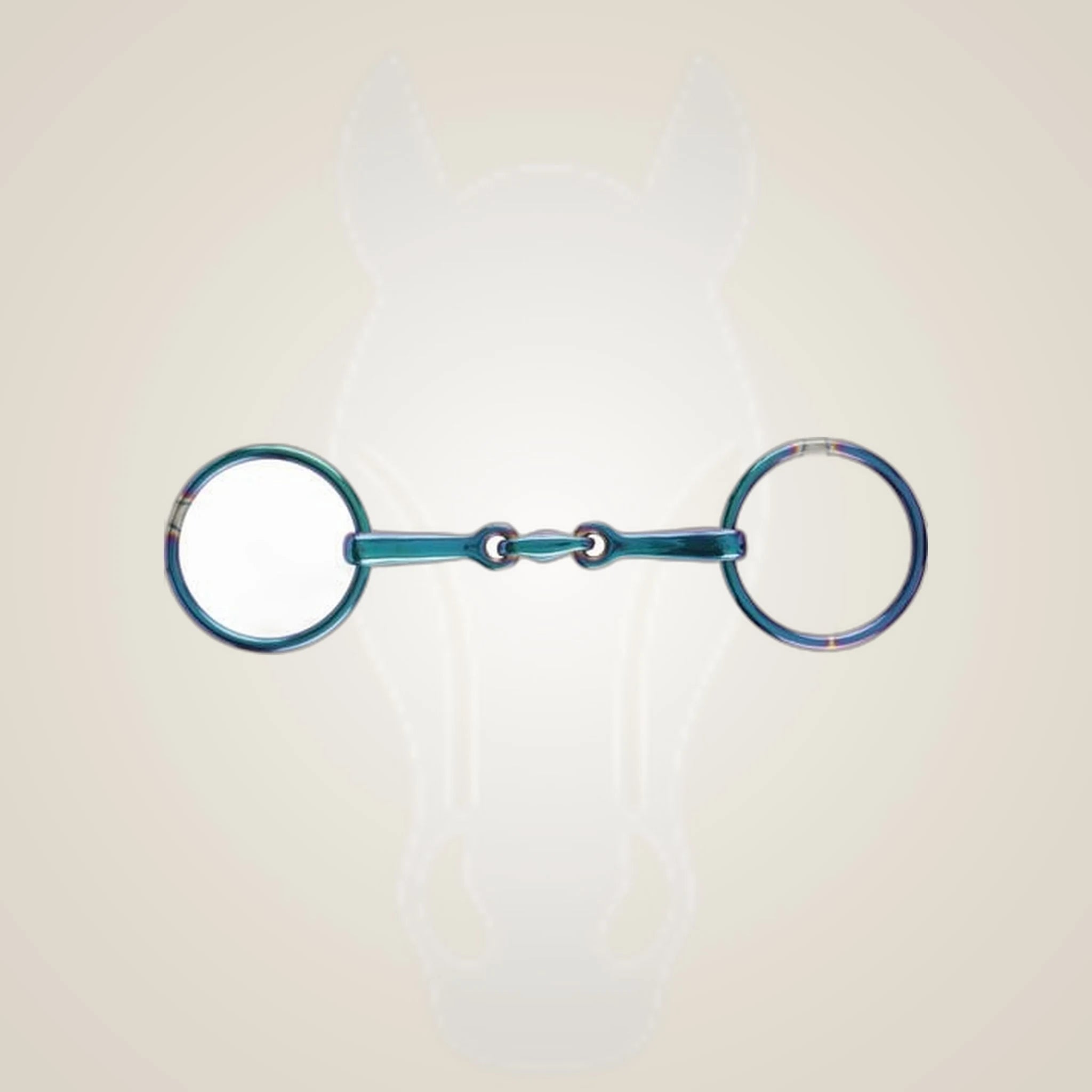 HorseGuard Rainbow Loose Ring Snaffle Bit on One-Eyed Equine branded background