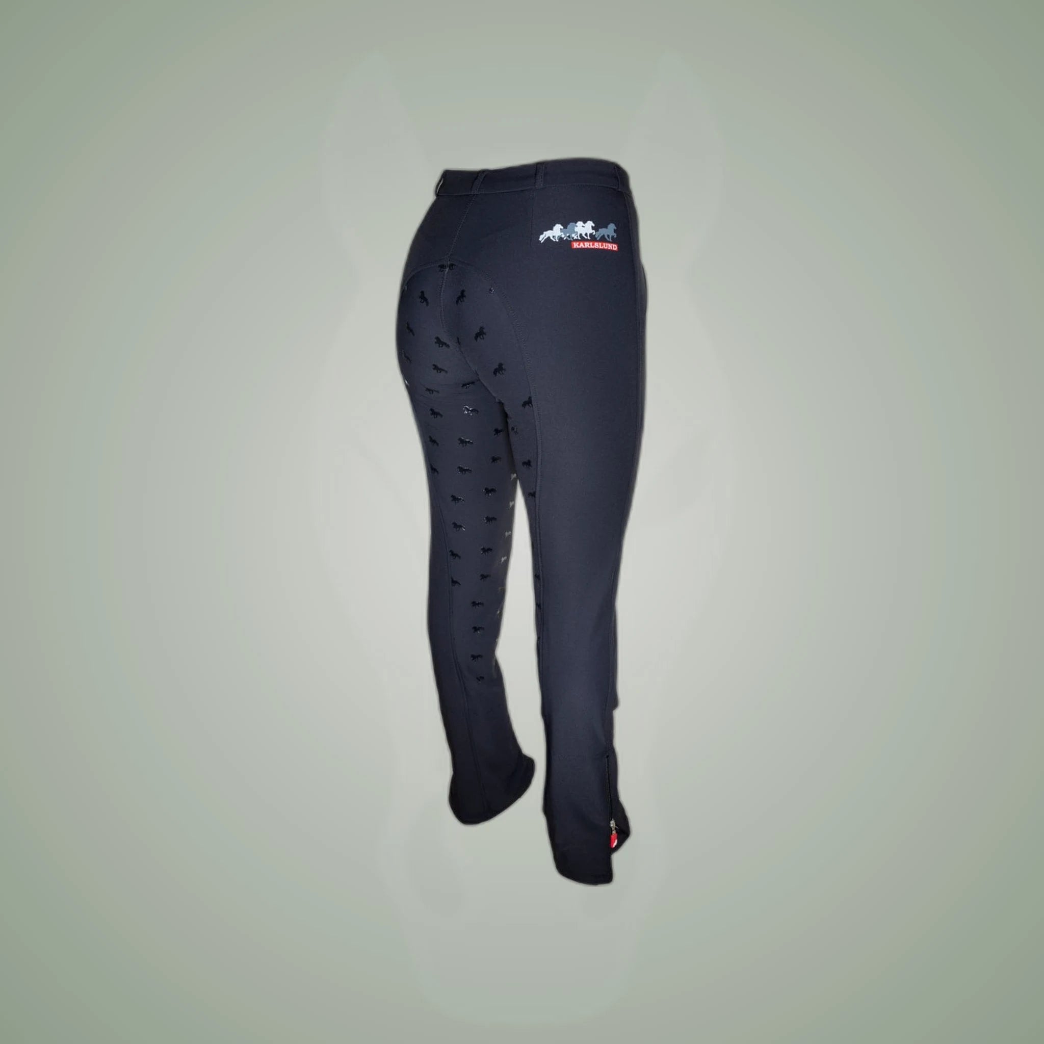 Karlslund Svalur Grip Soft Summer Breeches on One-Eyed Equine branded background