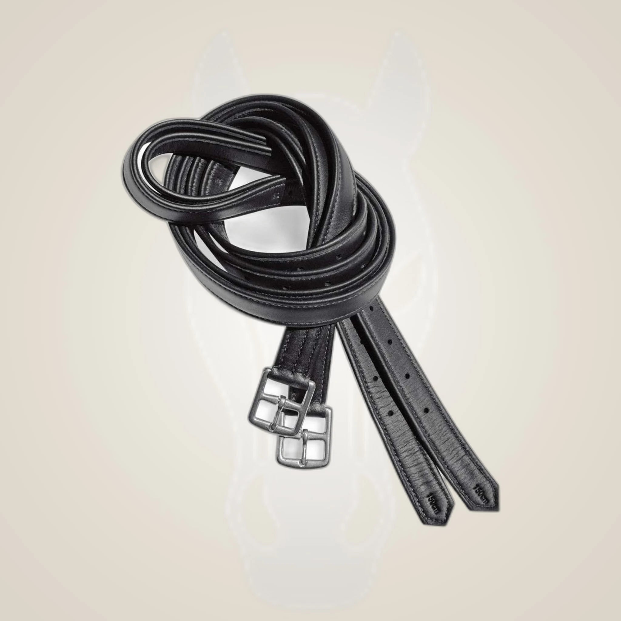 Kieffer Gladiator Stirrup Leathers on One-Eyed Equine branded background