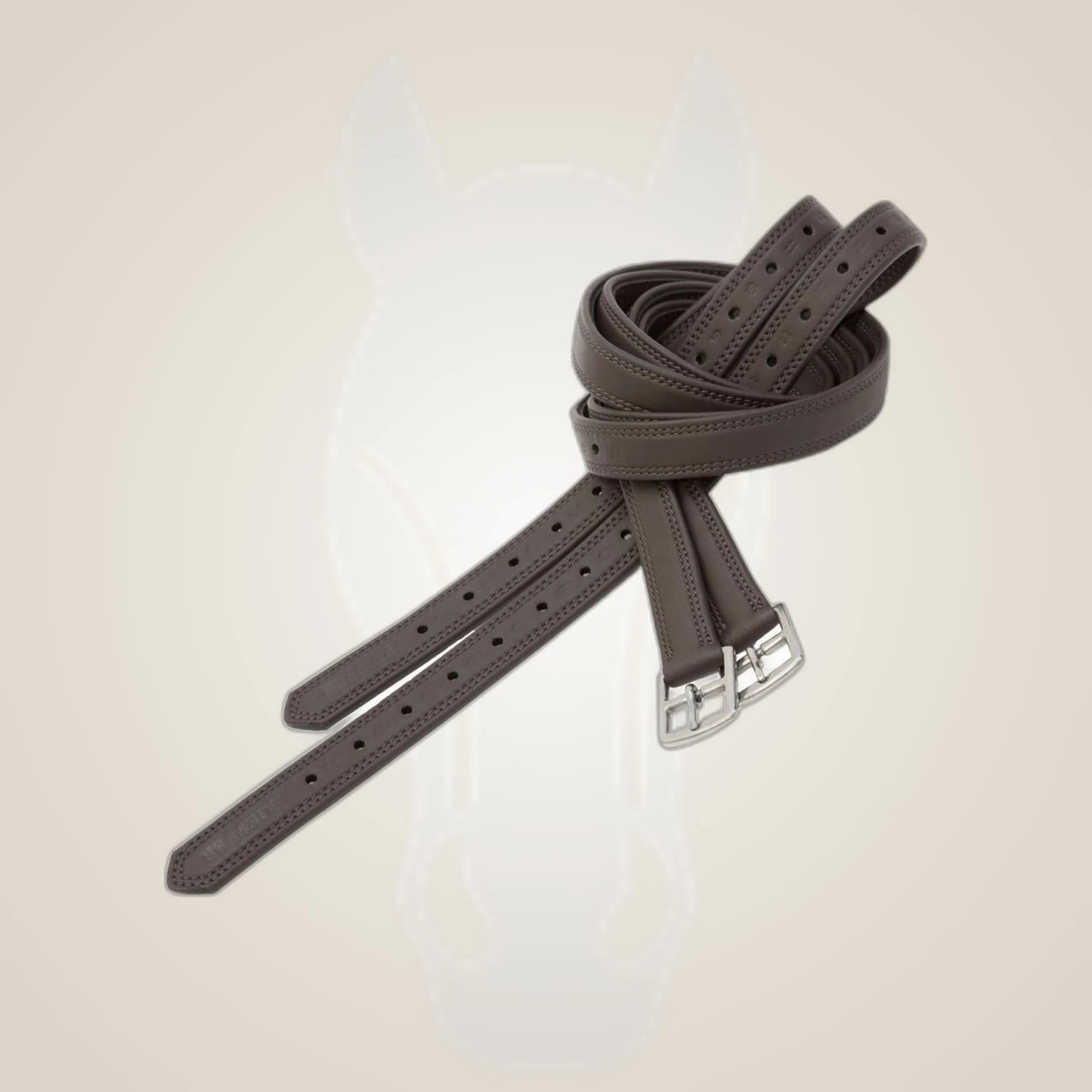 Kieffer Gladiator Stirrup Leathers on One-Eyed Equine branded background