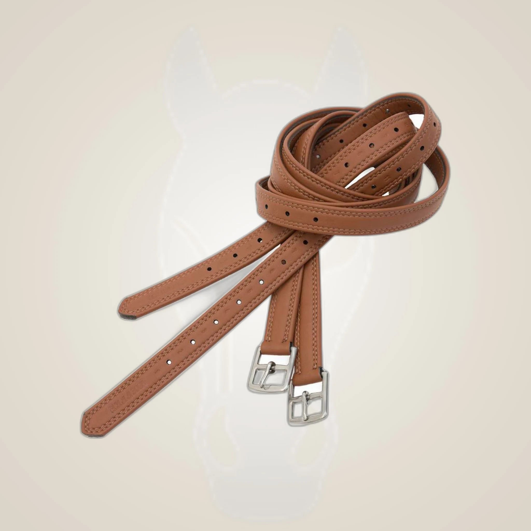 Kieffer Gladiator Stirrup Leathers on One-Eyed Equine branded background