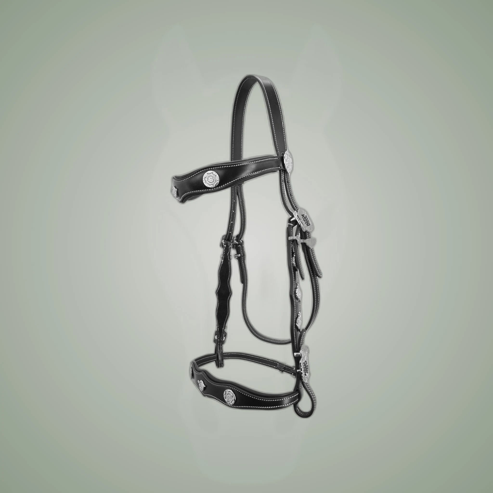 Kieffer Isabella Spanish Snaffle Bridle on One-Eyed Equine branded background