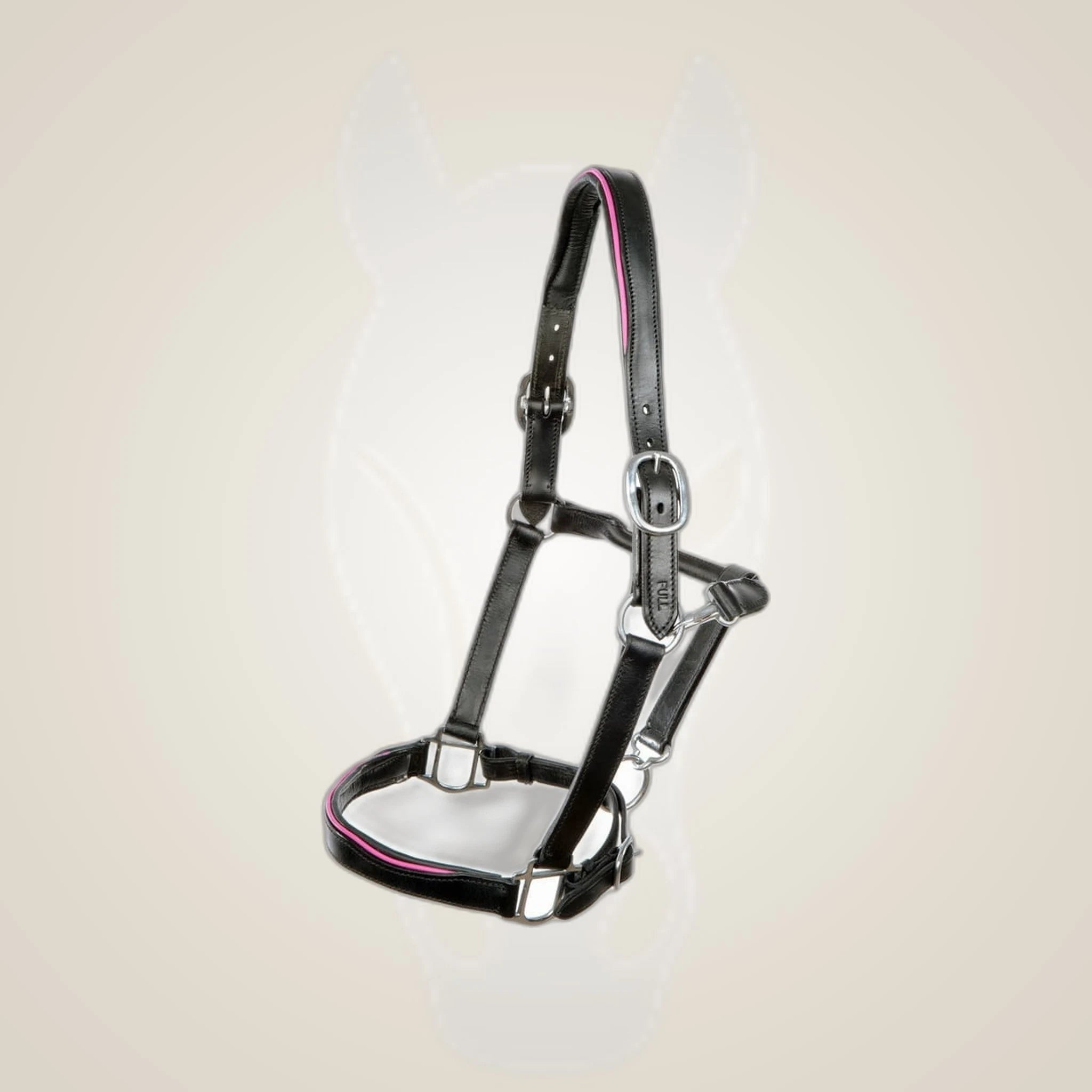 Hilbar Padded Leather Halter - Black with Pink Piping on One-Eyed Equine branded background
