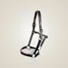 Hilbar Padded Leather Halter - Black with Pink Piping on One-Eyed Equine branded background