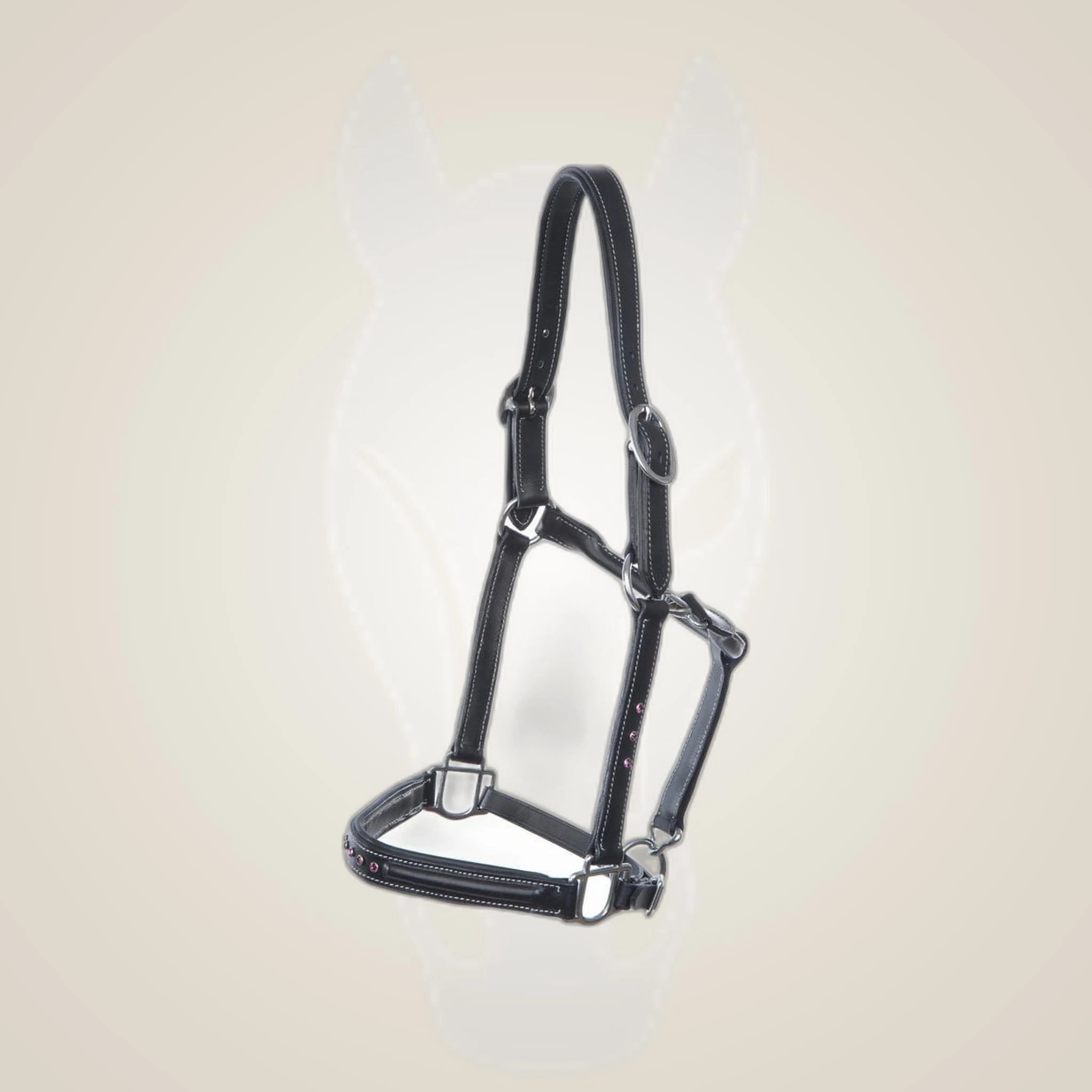 Hilbar Padded Leather Halter - Black with Purple Diamonds on One-Eyed Equine branded background
