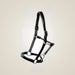 Hilbar Padded Leather Halter - Black with Silver Piping on One-Eyed Equine branded background