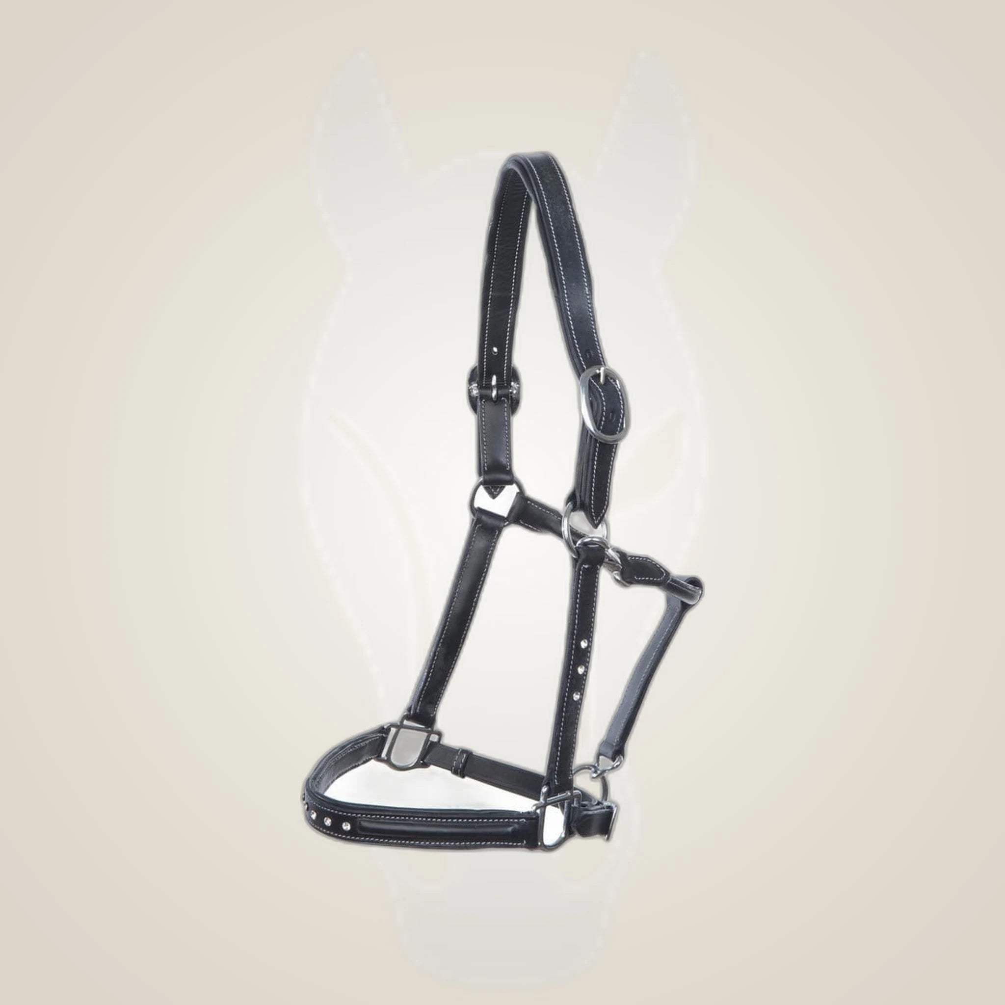 Hilbar Padded Leather Halter - Black with White Diamonds on One-Eyed Equine branded background