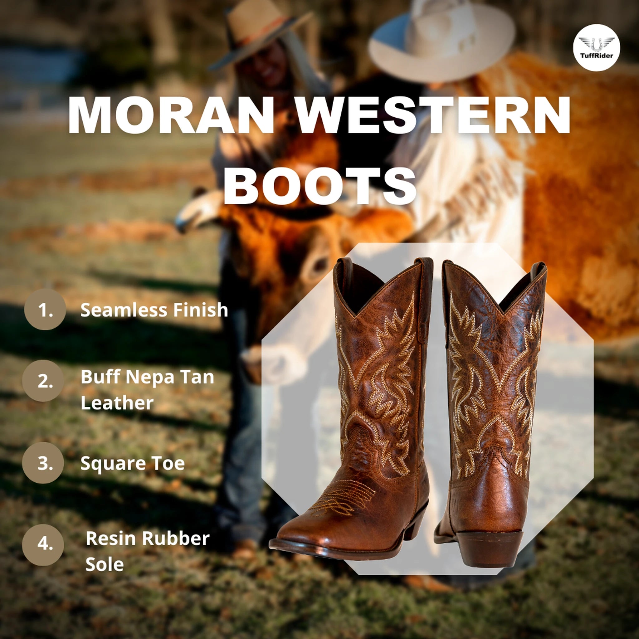 TuffRider Women Moran Leather Square Toe Western Boots - Brown